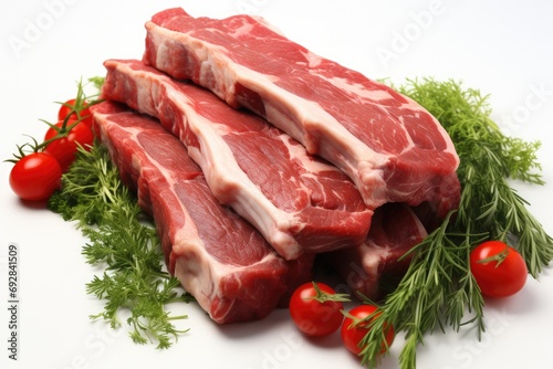 Fresh lamb ribs with spices and vegetables isolated on white background. Generative AI.