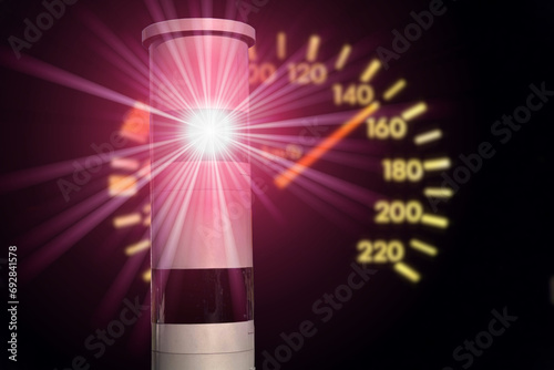Foto Ein Tacho im Auto, überhöhte Geschwindigkeit und ein Blitzer