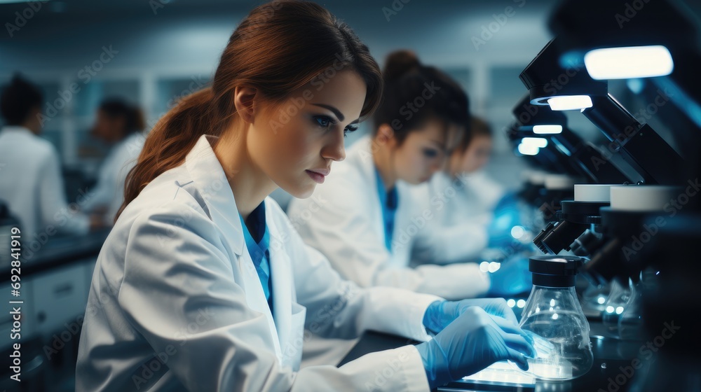 Group of medical students in research lab, Wearing white medical coat, Looking in microscope. Generative AI. Group of medical students in research lab, Wearing white medical coat, Looking in microscope. Generative AI.