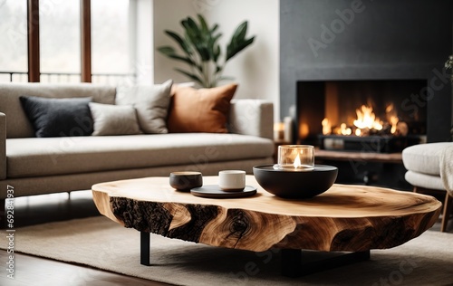 Organic wood home decor is showcased in a close-up view on a live edge coffee table, which is placed near a white sofa and a fireplace. The modern living room features a minimalist interior design