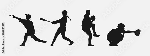 Set of silhouettes of baseball player, female athlete. Different pose, gesture. Isolated on white background. Vector illustration.