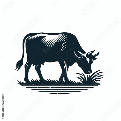 illustration of silhouette cow eating grass. vintage grunge logo. ai generate