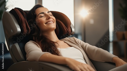 beautiful young woman relaxing on the massage chair. photo