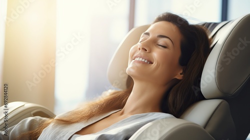 beautiful young woman relaxing on the massage chair.