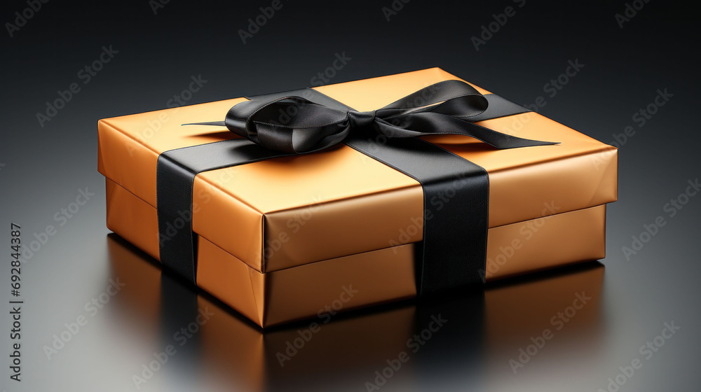 A minimalist gift box in peach, tied with a contrasting black ribbon, presents a blend of simplicity and modern elegance.