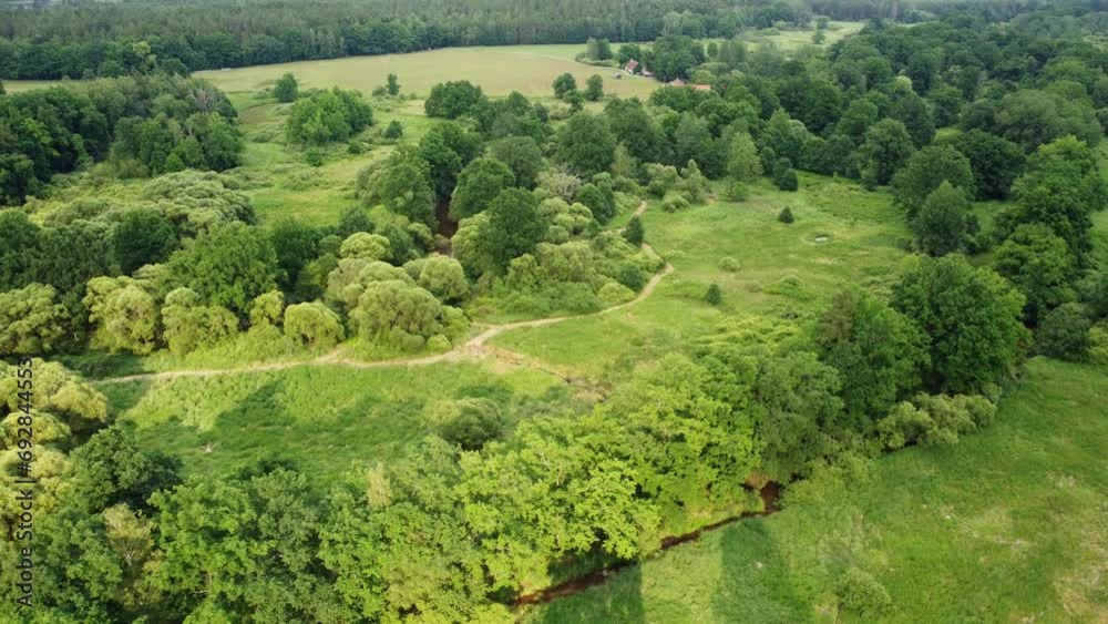 Aerial landscape shot with meandering river under trees. Aerial landscape shot with meandering river under trees.