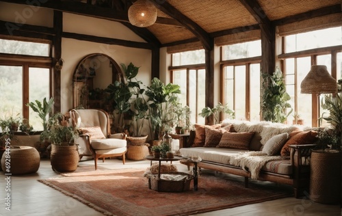 living room in the farmhouse is decorated with a boho ethnic style, creating a unique and cozy atmosphere © Alief Shop