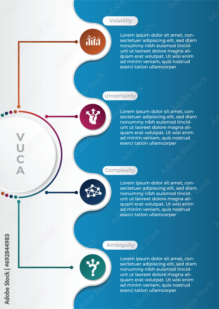 Vector infographic template with 3D paper label, integrated circles. VUCA acronym concept of volatility, uncertainty, complexity and ambiguity - obrazy, fototapety, plakaty 