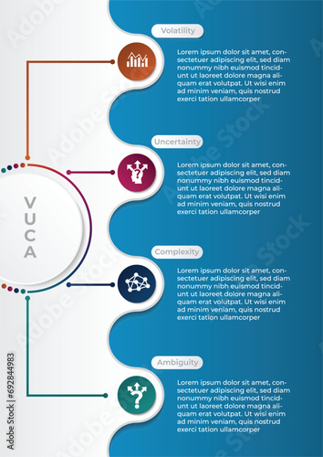 Vector infographic template with 3D paper label, integrated circles. VUCA acronym concept of volatility, uncertainty, complexity and ambiguity