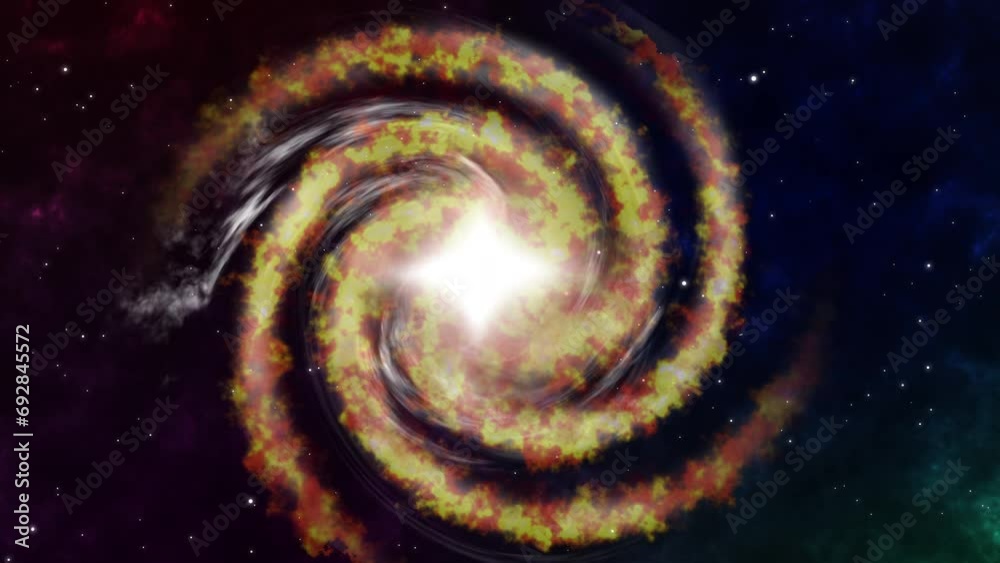 Travel Flying to Rotating Spiral gold and red Galaxy Space Floating Space Background. Deep space exploration. travel near big in star fields and nebula. Barred Spiral Galaxy Turning in Universe Stars