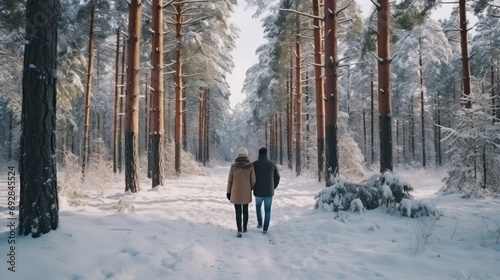 A man and woman travel through the pine forest in the winter forest. There is white snow. Happiness and fun.