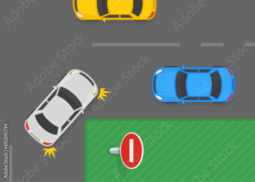 Safe driving tips and traffic regulation rules. "Wrong way" sign area. Top view of a car making turn into a opposite direction lane. Flat vector illustration template.