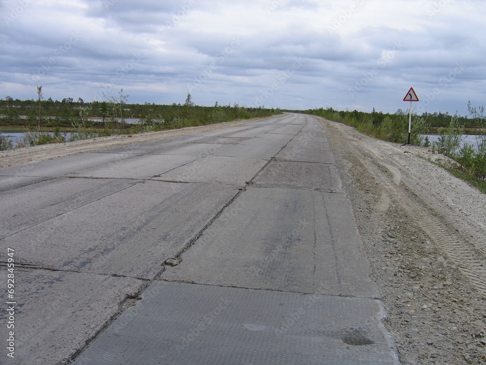 road made of concrete slabs through a swamp