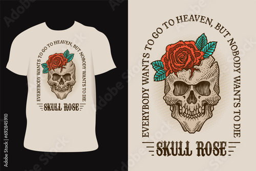 Illustration vintage skull with rose flower on T shirt mockup