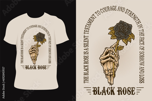 Illustration vintage skull hand holding black rose flower on T shirt mockup