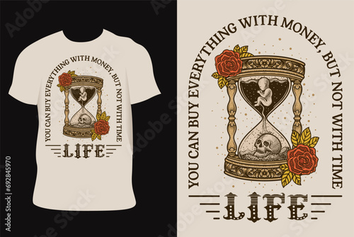 Illustration antique hourglass with rose flower on T shirt mockup