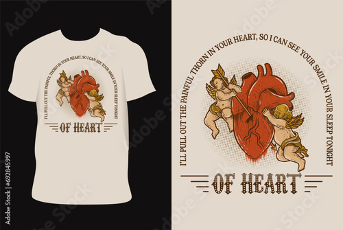 Illustration vintage broken heart with angel on t shirt design