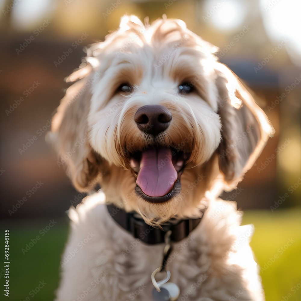 A portrait of a happy-go-lucky golden doodle enjoying a sunny day2