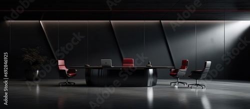 Modern black hall with desk and chairs for business meetings. photo