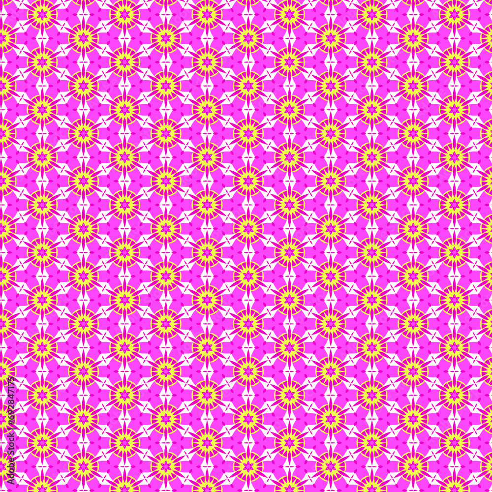 Bright pink floral geometric mosaic graphic pattern For design of fabrics, patchworks, wrapping papers, cards