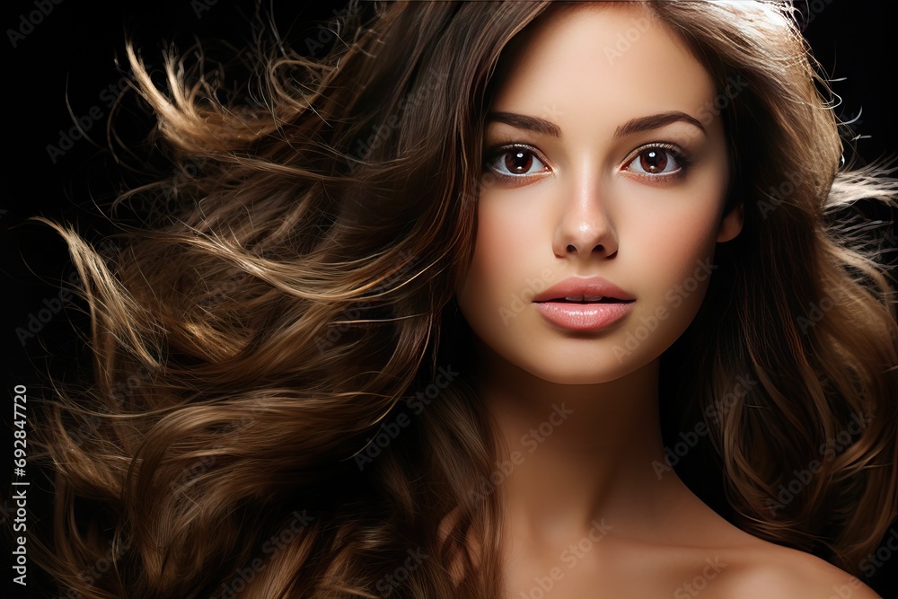 Obraz premium hairs beauty Woman hair female young portrait brunette straight luxury fashion glamour beautiful closeup attractive salon looking face girl adult 20s cute concept candid look long pretty healthy