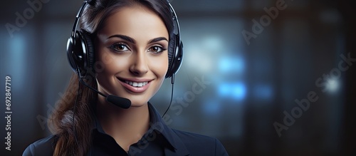 Female tech support agent at call center with hands-free device photo