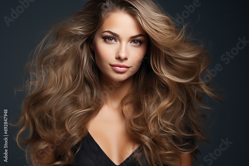 Hair Beautiful Woman beauty girl fashion studio portrait eye face make-up smile lovely european caucasian blond skin friendly elegant modern long coiffure highlight dyed colours wavy curly