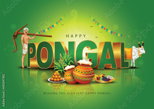 Tamil Nadu festival Happy Pongal with Pongal props, holiday Background, pongal celebration greeting card, vector illustration design. photo