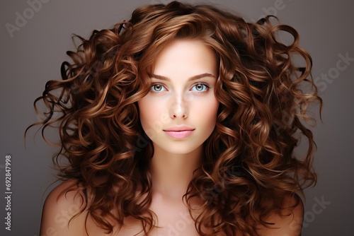 hairs curly beautiful woman coiffure beauty female portrait hair ringlet young face brunette style fashion model smooth gloss creative lying floor indoor head closeup pretty cute attractive adult photo