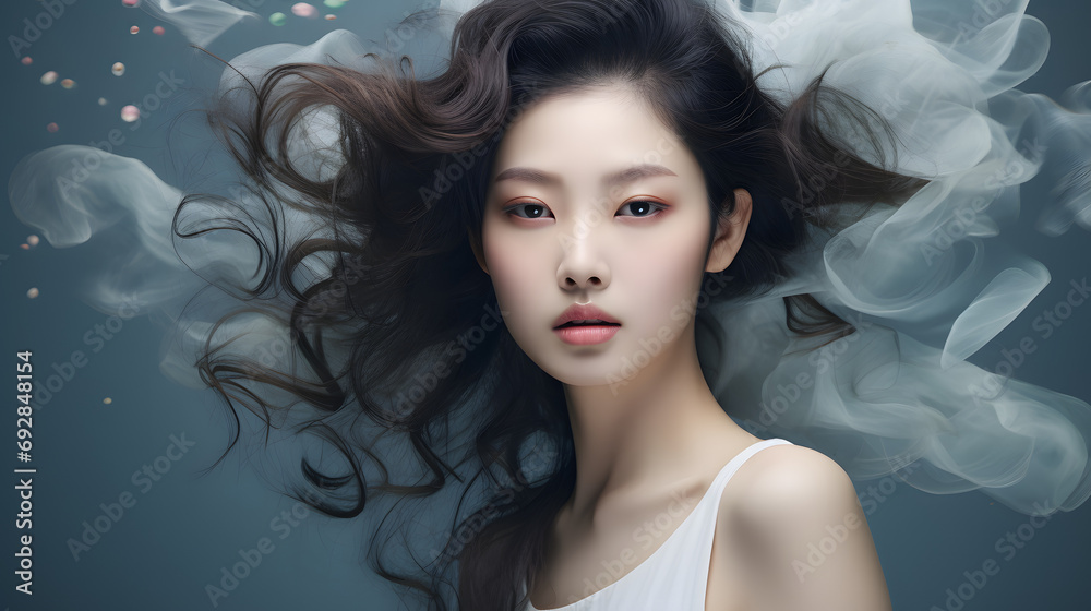 Beauty concept of a young asian woman. Hair care. Cosmetics. generative AI. Beauty concept of a young asian woman. Hair care. Cosmetics. generative AI.