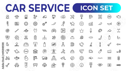 Car service icon set with editable stroke and white background. Auto service, car repair icon set. Car service and garage.
