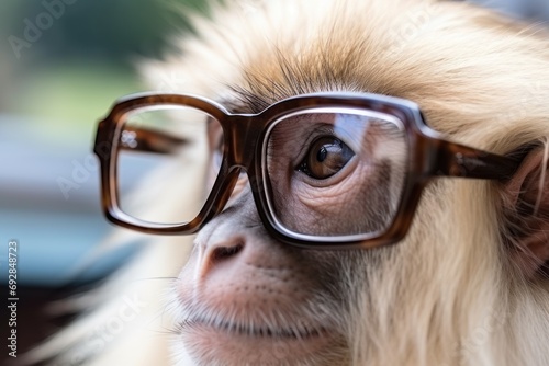 Close up of a monkey wearing eyeglasses and looking at camera. The concept of a vision problem.