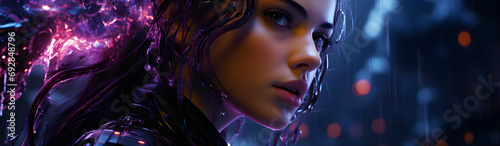 Close-Up Of A Girl's Face In The Neon Light Of A City Block. Illustration On The Theme Of The City And Cinema, Films And TV Series. Generative AI