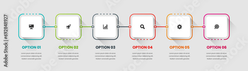 Vector Timeline Business Infographic Template with Square Label, Icon and 6 Options. Suitable for Process Diagram, Presentations, Workflow Layout, Banner, Flow Chart, Infographic photo
