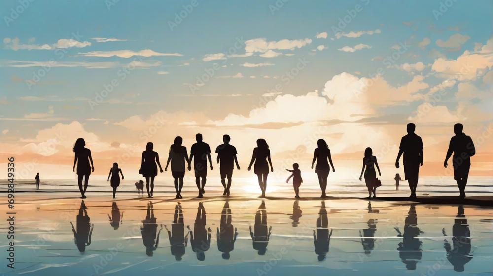 A group of friends from different walks of life, each with their own distinct personalities and styles, enjoying a day at the beach together. silhouette, vector - obrazy, fototapety, plakaty 