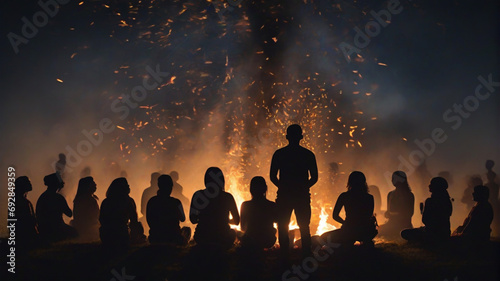 A diverse crowd gathered around a bonfire, each with their own character and experiences to share, silhouette, illustration of world peace