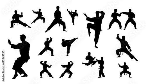 Black silhouettes of karate fighting, Single combats, a set of silhouettes of a karate in different poses