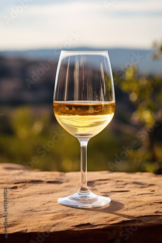 A glass of white wine on a table in the outback of Australia. Australian wine concept.