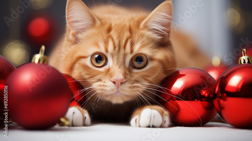 red cat with christmas balls