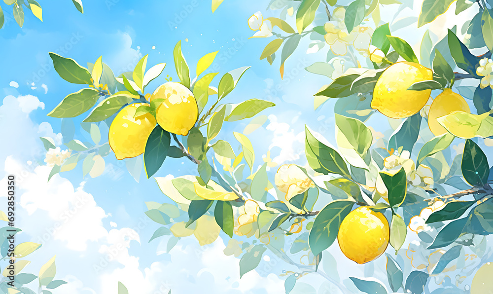 Blue sky and beautiful lemon tree watercolor painting,Generative AI