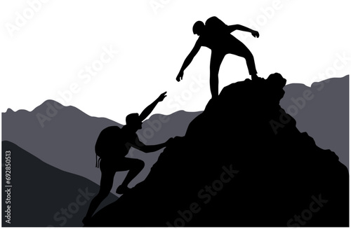 Man help man to climbing mountain. Help and assistance concept. Silhouettes of two people climbing on mountain and helping