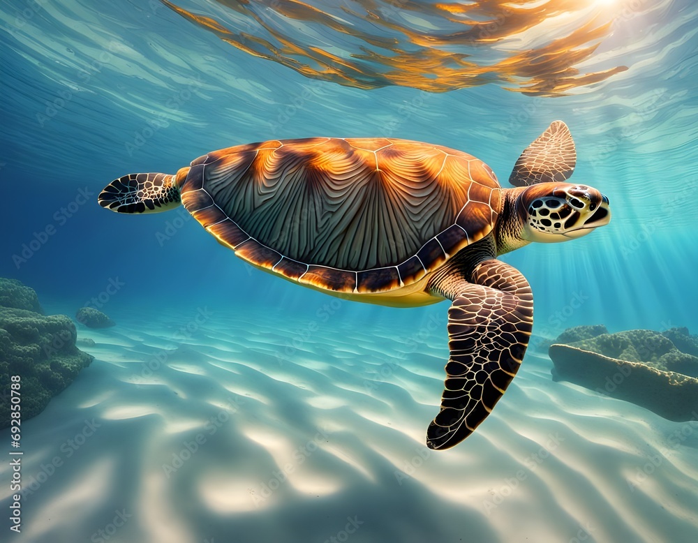 A beautiful sea turtle gliding through ocean