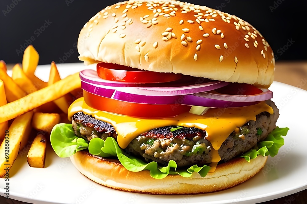 A tasty burger with variety of ingredients