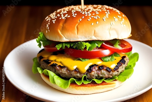 A tasty burger with variety of ingredients