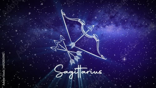 Astrological star sign for Sagittarius, with a shimmering symbol on a deep space background with stars in 3D space and a smooth camera move slowly pushing into a close up, in dark blue and teal colors photo