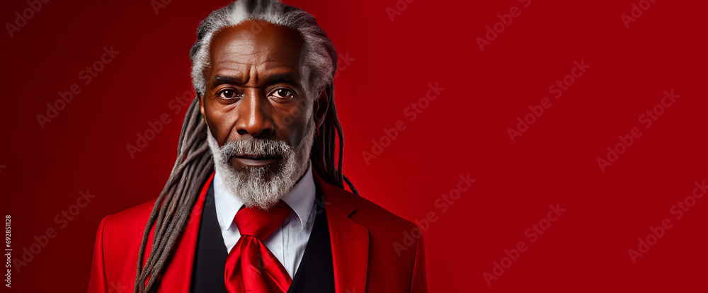 Handsome elderly black African American man with long dreadlocked hair, on a red background, banner.