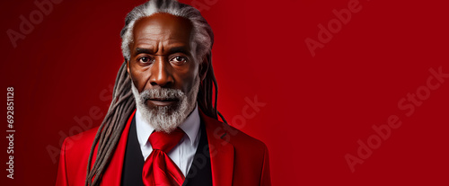 Handsome elderly black African American man with long dreadlocked hair  on a red background  banner.