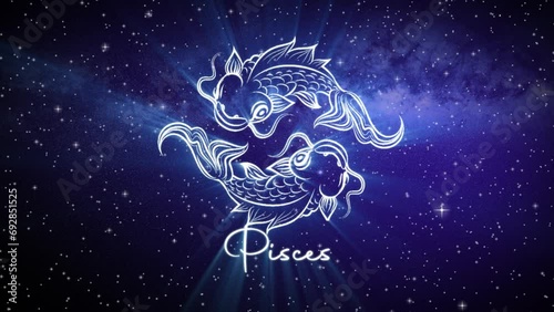 Astrological star sign for Pisces, with a shimmering symbol on a deep space background with stars in 3D space and a smooth camera move slowly pushing into a close up, in dark blue and teal colors photo