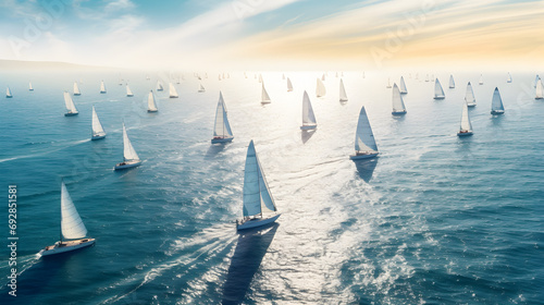 Many sailboats racing on the open ocean water