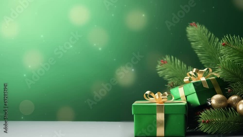 A gift box accompanied by pine branches against a green background, providing extensive space for displaying text from above. It's suitable for Christmas celebrations. Horizontal video 